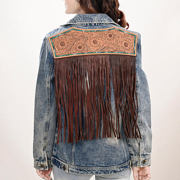 ADJKT023 Genuine leather Hand tooled hand carved Women 100% cotton Denim jacket dress ladies girl